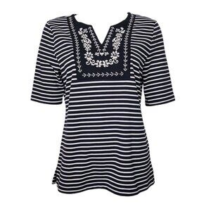 Croft & Barrow Top Womens Size M Medium Blue White Striped Embroidered Neckline
